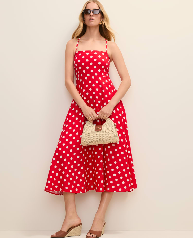 dotted linen blend midi dress Navy Polka Dot Linen Midi Dress  self-portrait