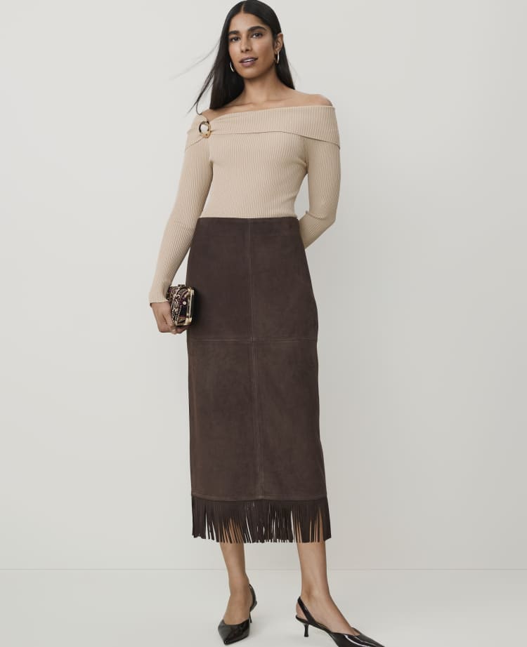 Fringe Column Skirt in Genuine Suede