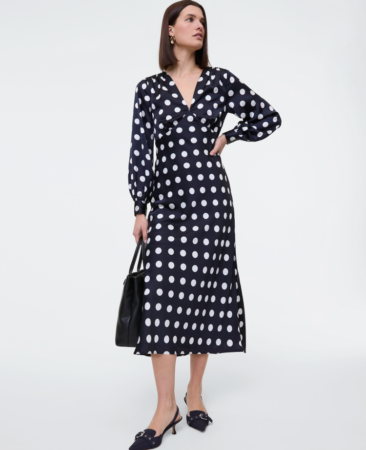 tommy hilfiger glitter-dot puff-sleeve midi dress Ann Taylor Satin Dotted Size 0 Night Sky Women's VACATION
