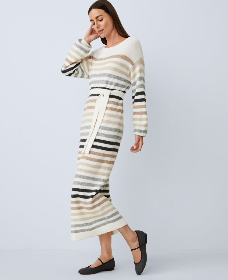 Ann Taylor Weekend Striped Midi Sweater Dress Size Small Winter White Women's