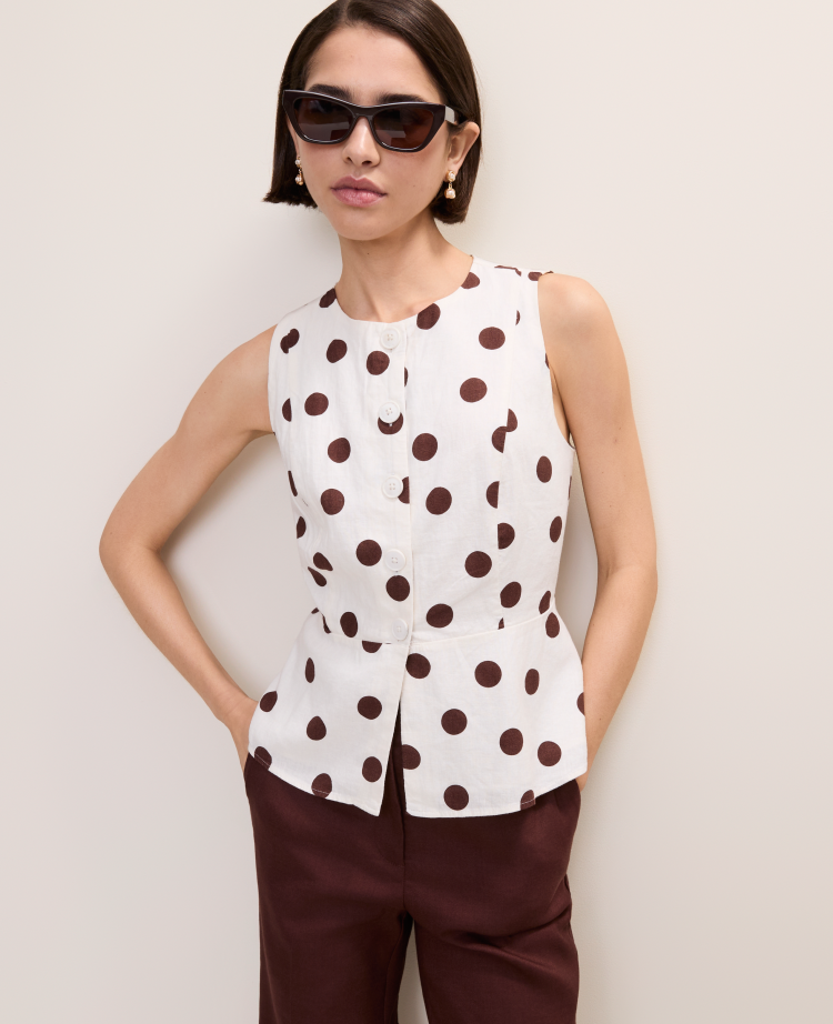 Polka Dot Peplum Tank Top in Linen Blend