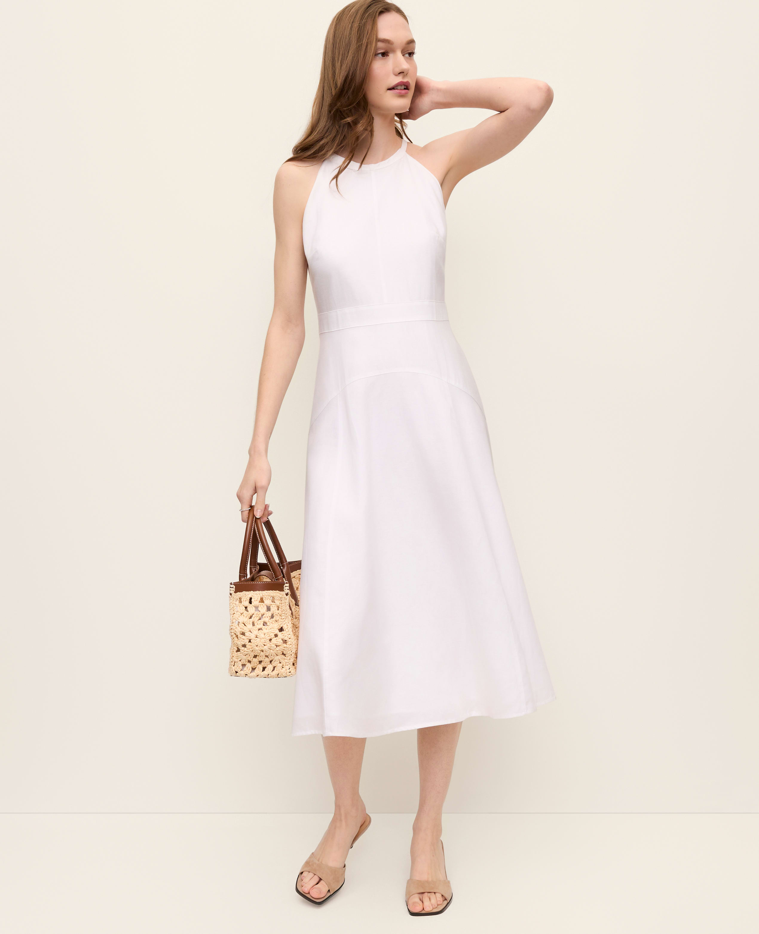 linen blend halter midi dress Ann Taylor Flare in Size 6 White Women's DR4366