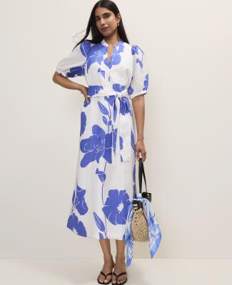 Floral Puff Sleeve Midi Dress in Linen