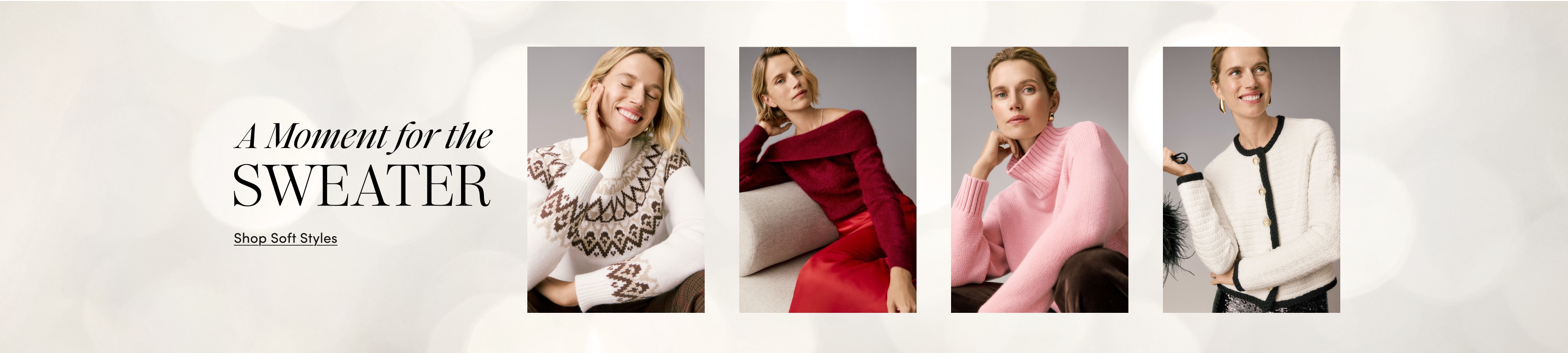 A Moment for the Sweater — fair isle, off-the-shoulder, funnel-neck and trimmed cardigan sweaters. Shop Soft Styles.