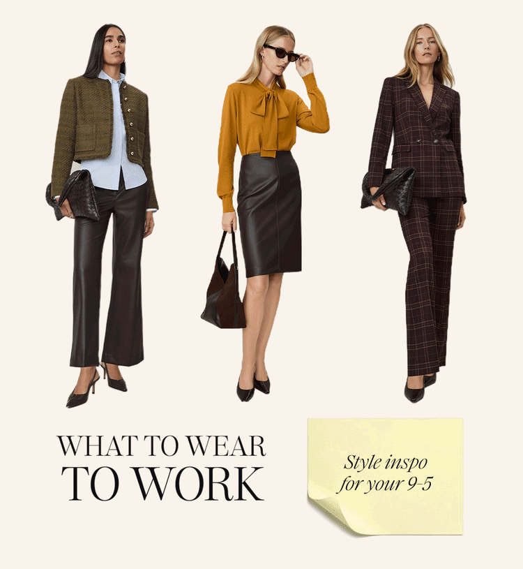 What to Wear to Work — six work looks: black trousers with a blue shirt, a scarf-print skirt, a green vest suit, polka-dot trousers, a red skirt suit and a camel blazer. Get promoted.
