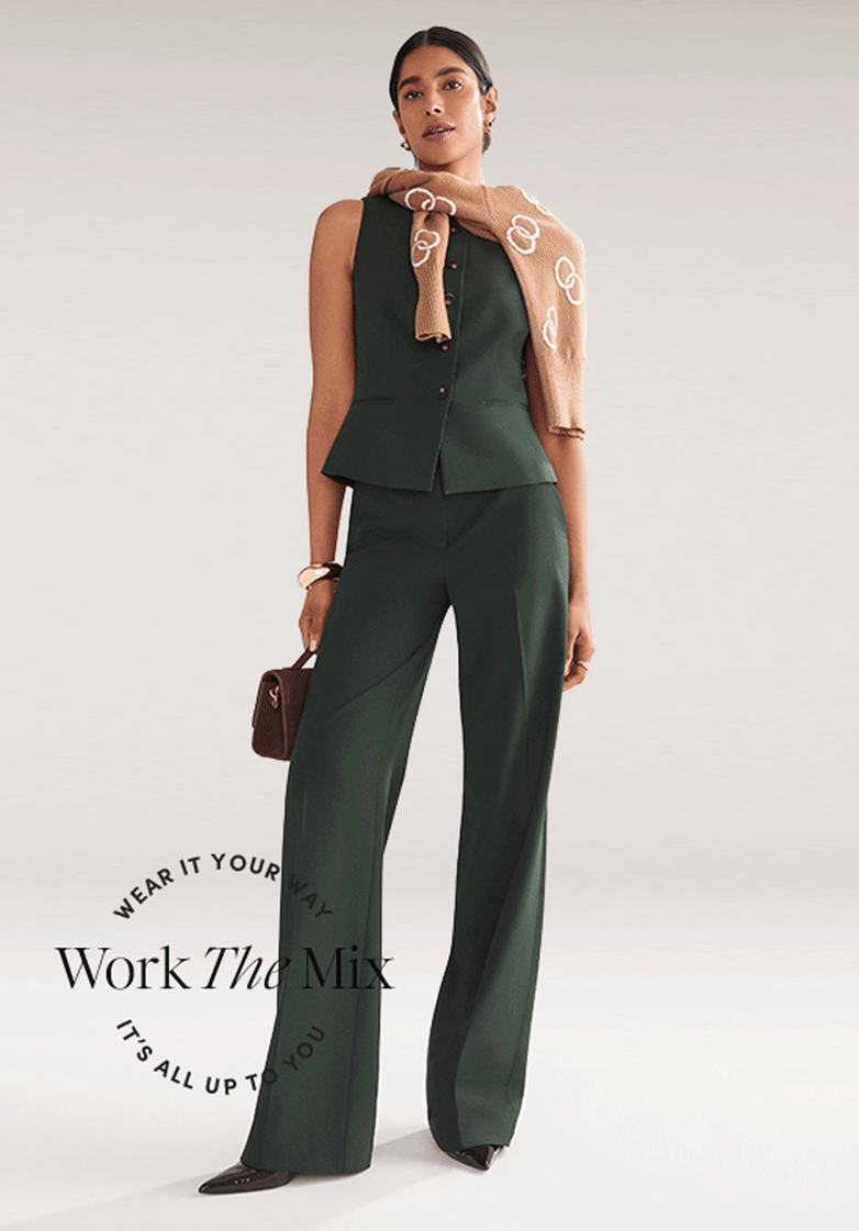 Suiting — green vest and wide-leg trousers, with the Work The Mix seal