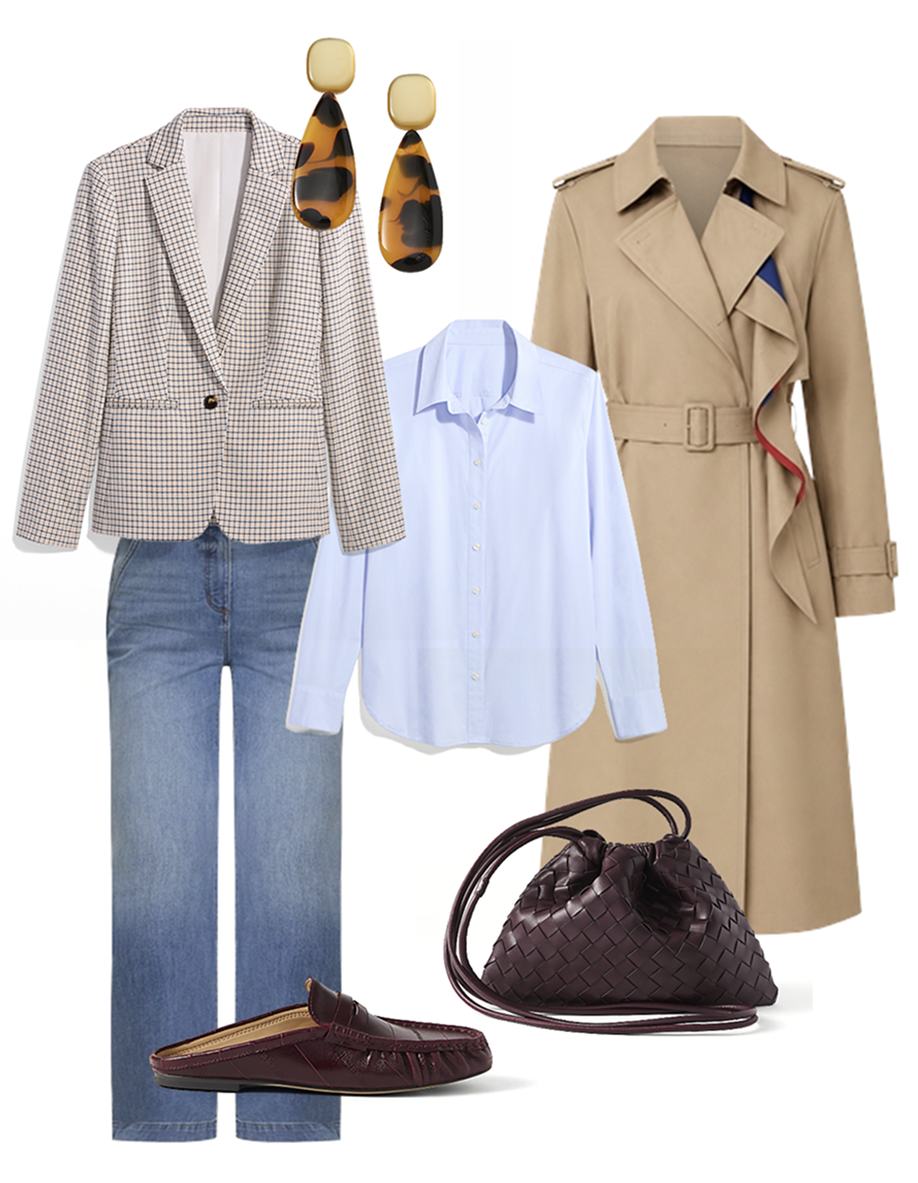The essential capsule — camel trench, red cardigan, blue striped shirt and navy blazer