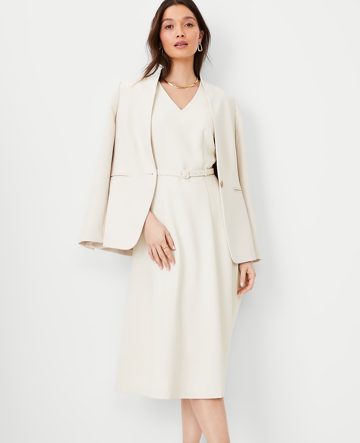 The Petite Belted V-Neck Midi Dress in Fluid Crepe