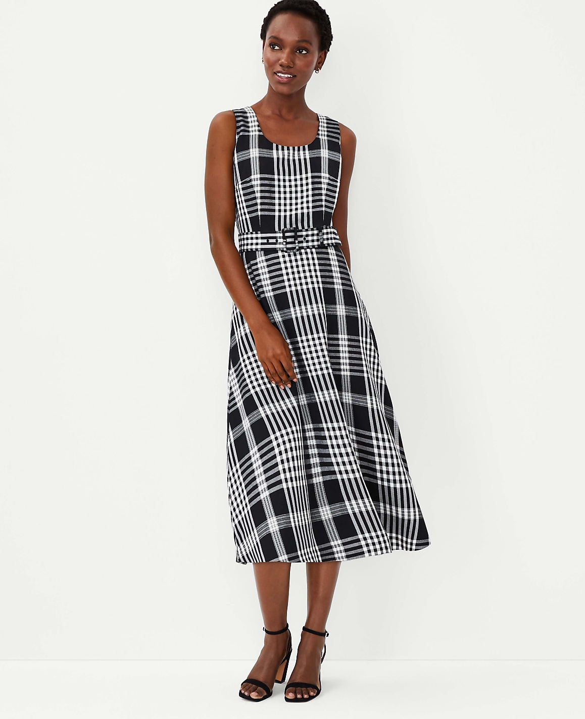 Petite Plaid Belted Flare Dress