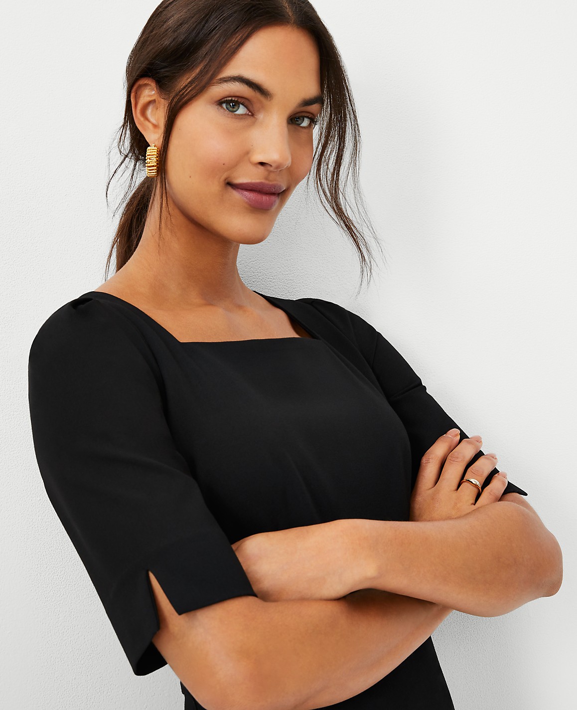 The Petite Elbow Sleeve Square Neck Dress in Seasonless Stretch