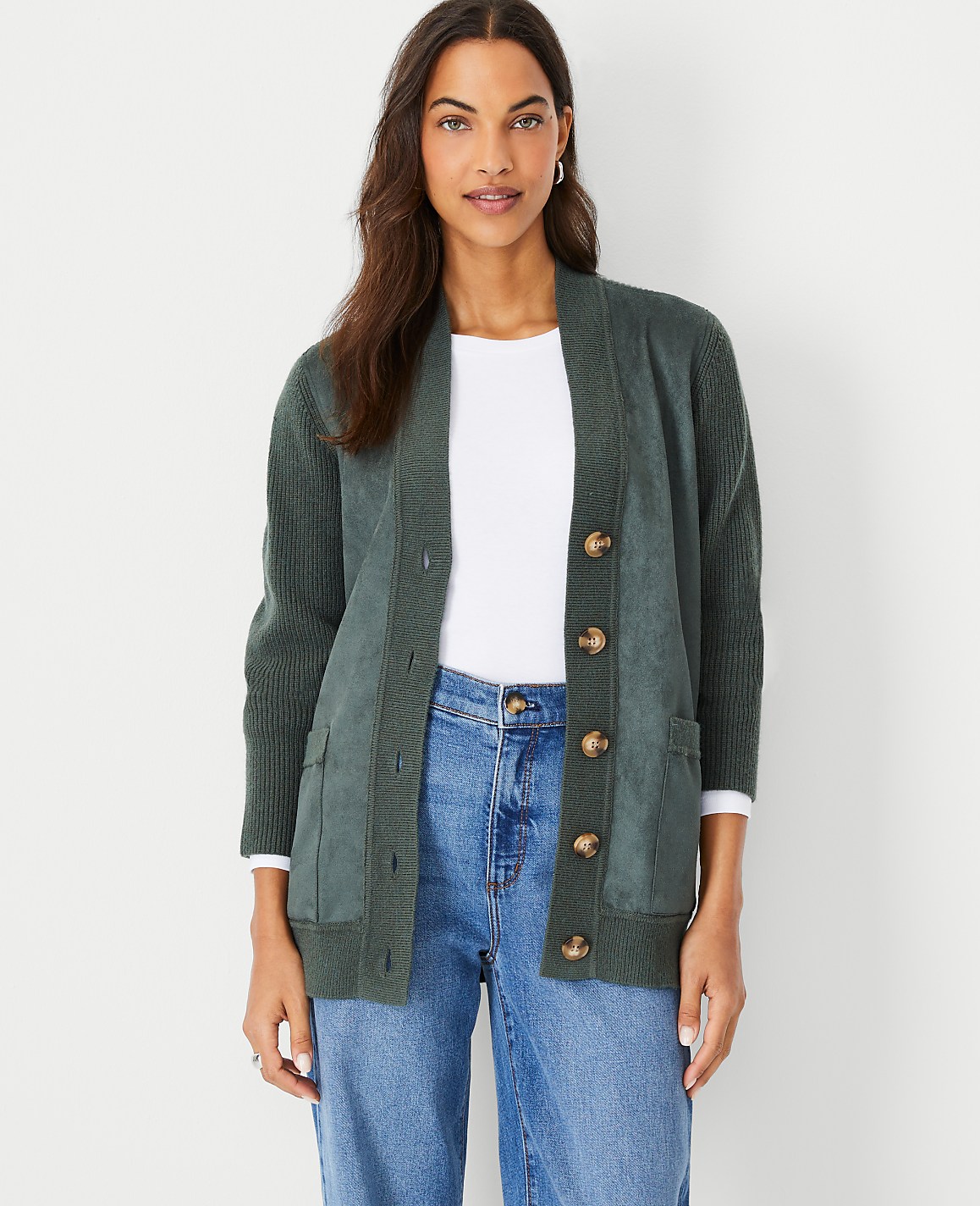 Faux Suede Mixed Media Cardigan
