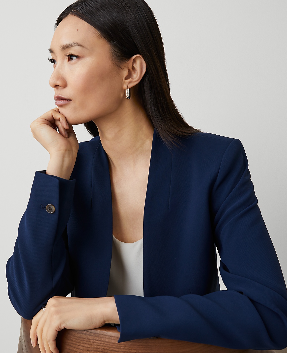 The Long Collarless Blazer in Fluid Crepe