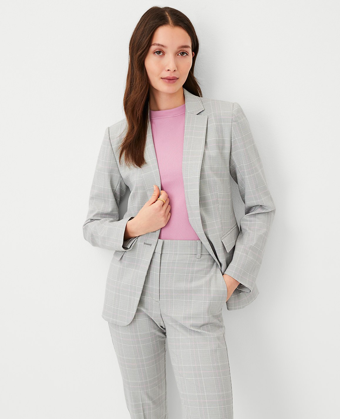 The Notched One Button Blazer in Plaid image number null
