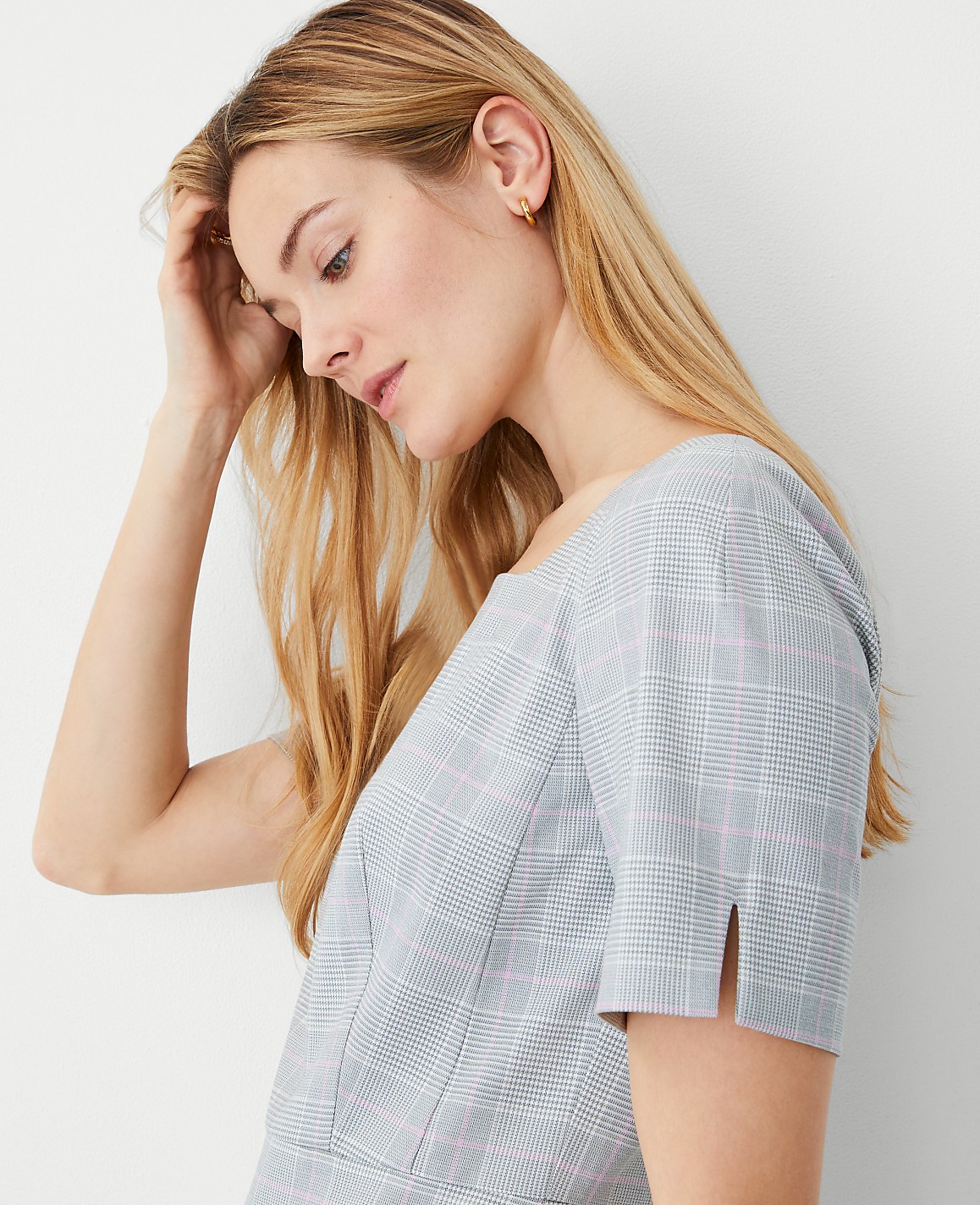 The Elbow Sleeve Square Neck Dress in Plaid image number null