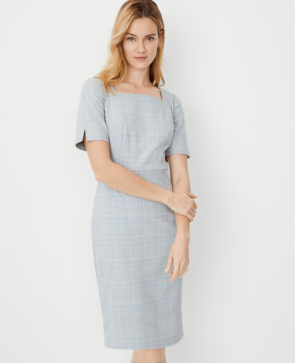 The Elbow Sleeve Square Neck Dress in Plaid image number null
