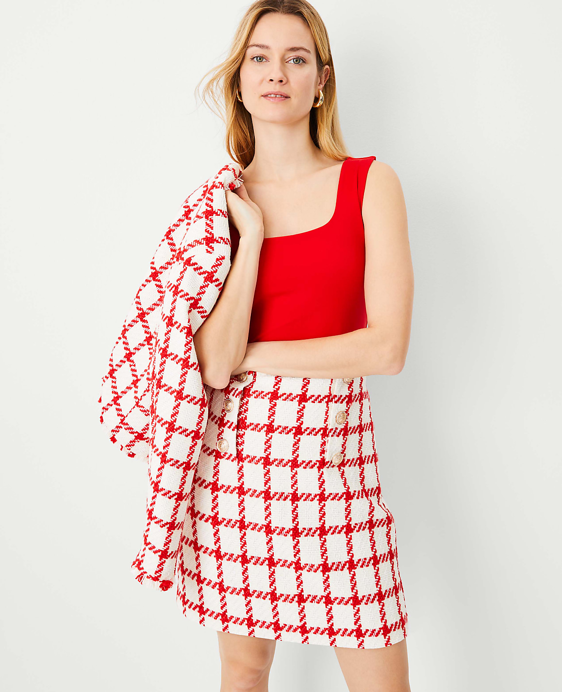 Plaid Tweed Button A-Line Skirt