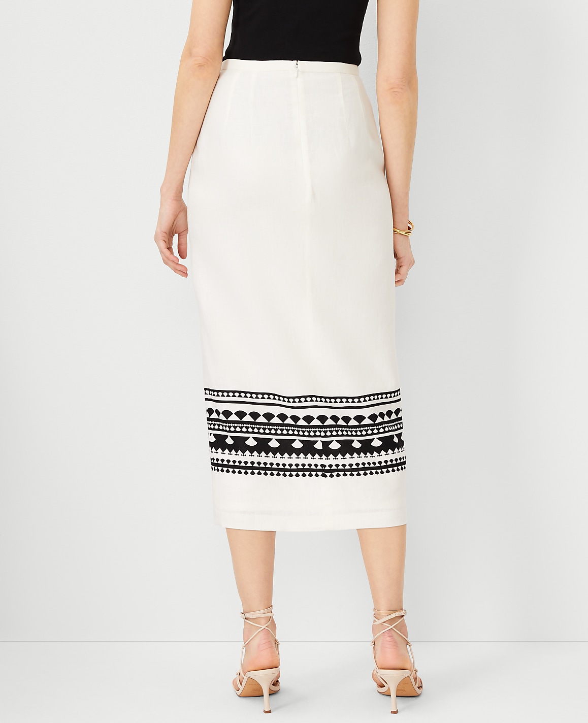 Geo Border Linen Blend Wrap Midi Skirt