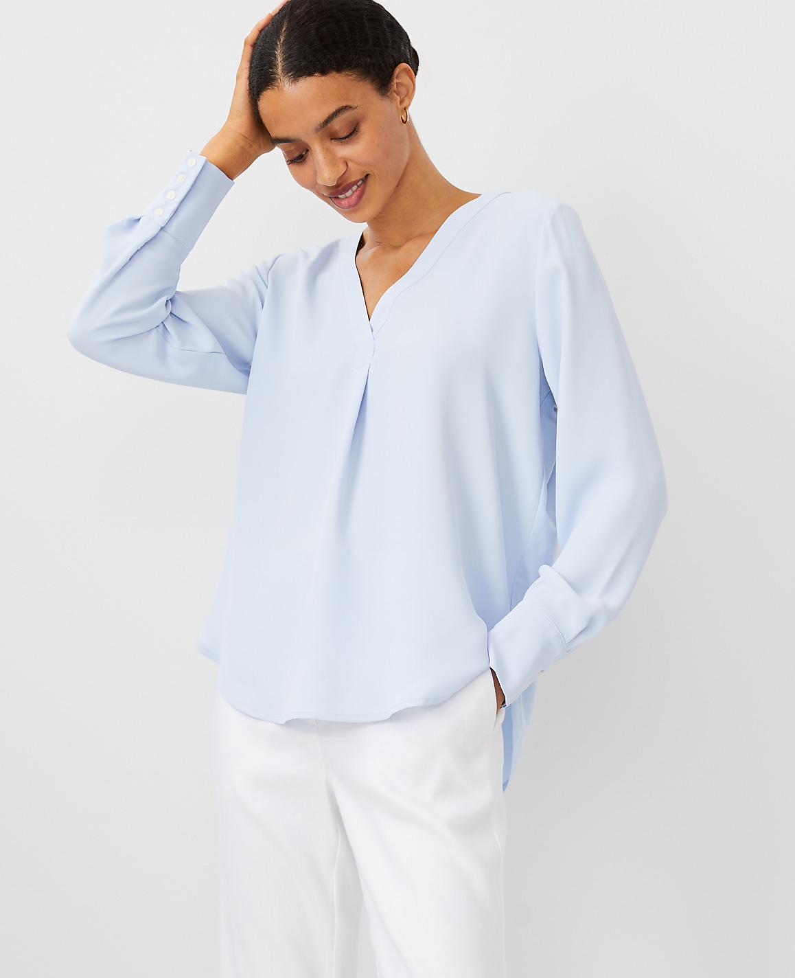 Petite Mixed Media Pleat Front Top