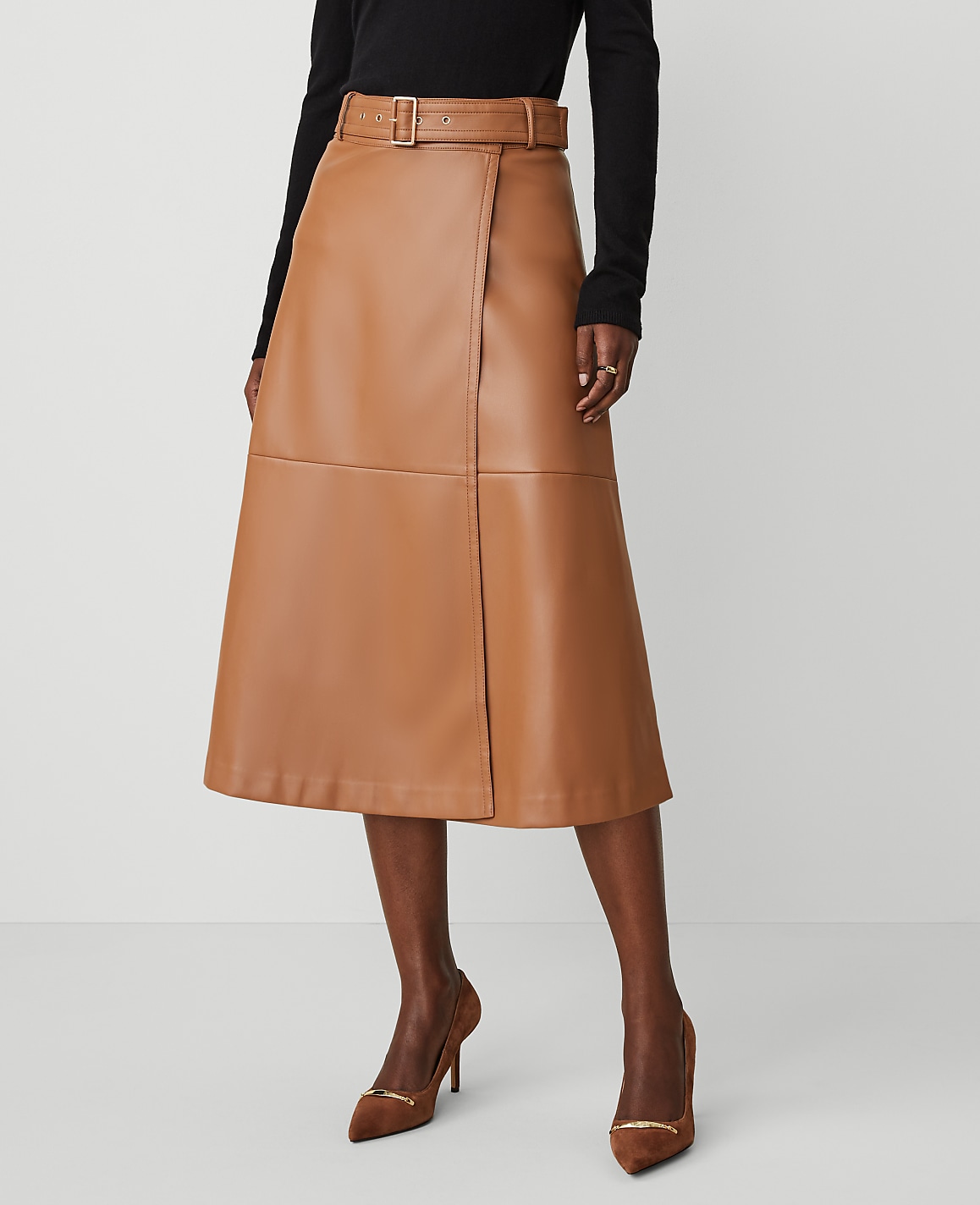 Faux Leather Belted Wrap Skirt