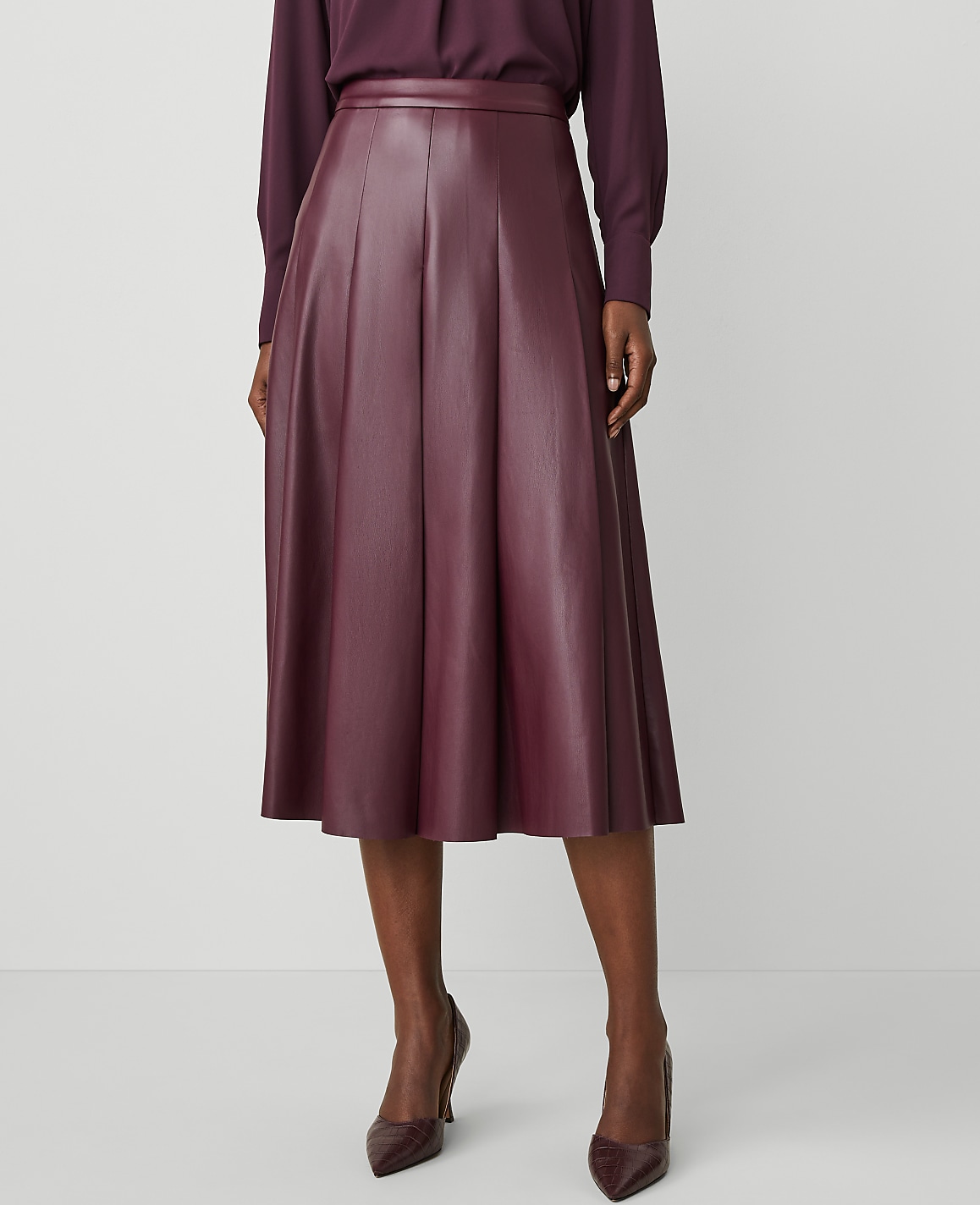 Petite Faux Leather Pleated Midi Skirt