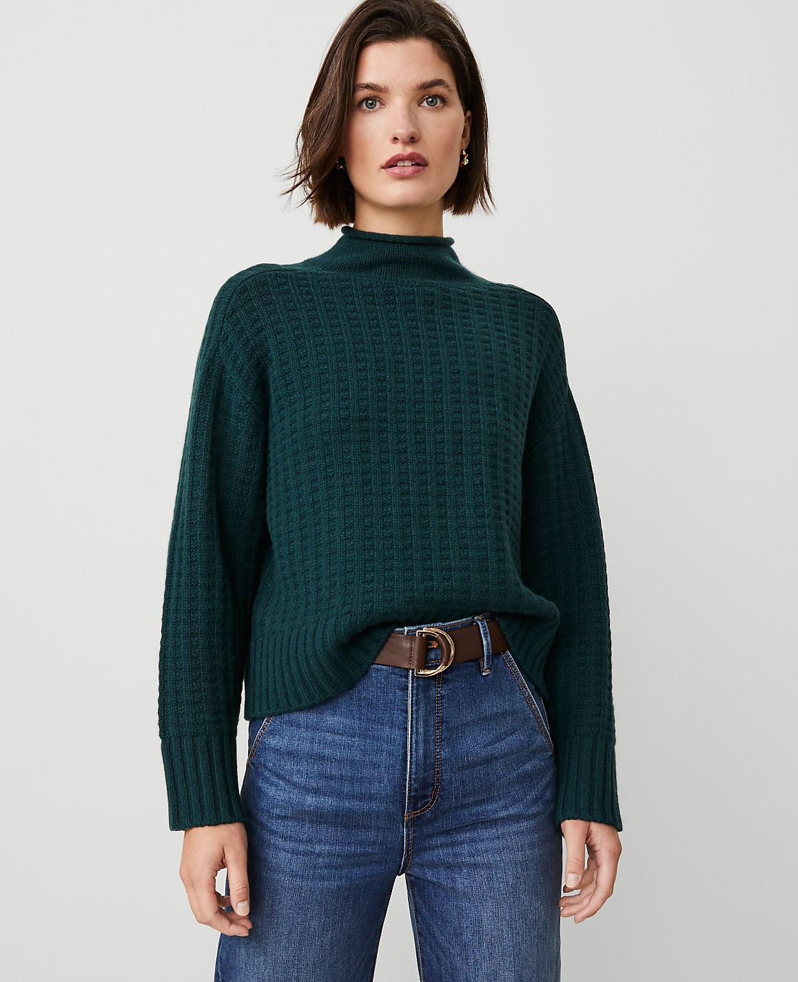 Cashmere Waffle Stitch Roll Neck Sweater