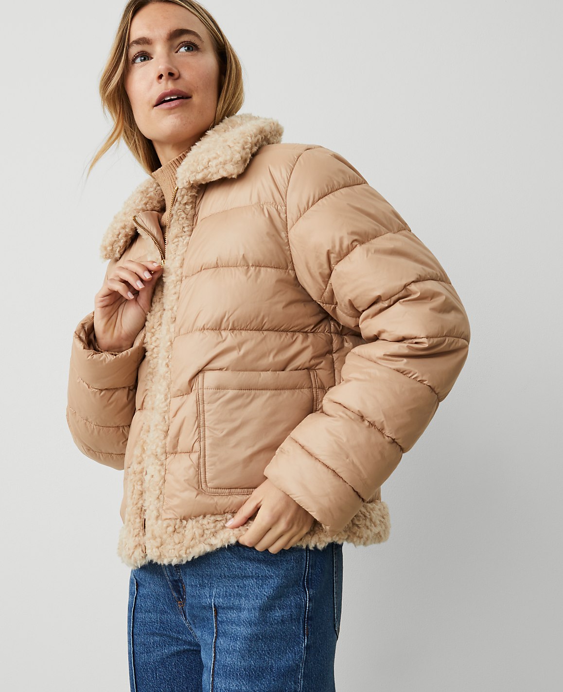 Petite Weekend Collection Faux Fur Trim Puffer Jacket