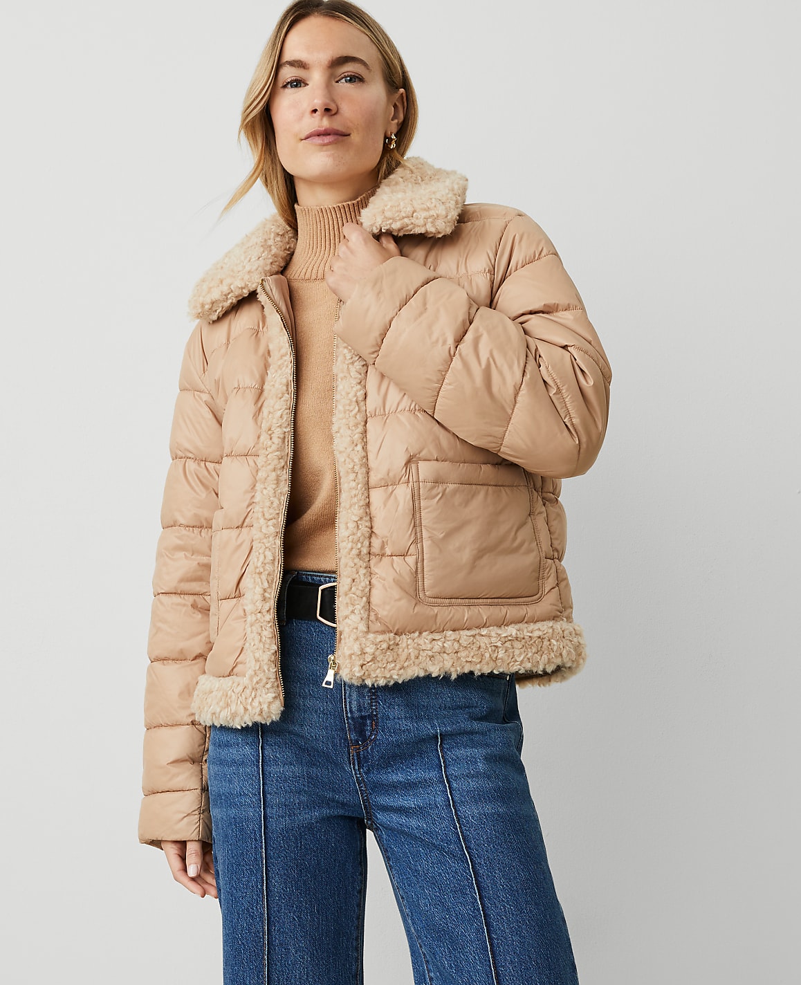 Petite Weekend Collection Faux Fur Trim Puffer Jacket