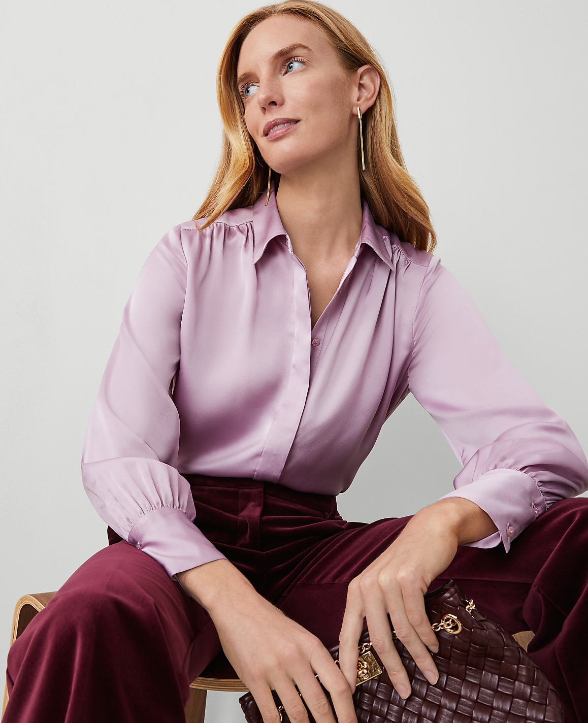 Petite Collared Shirred Yoke Button Down Shirt