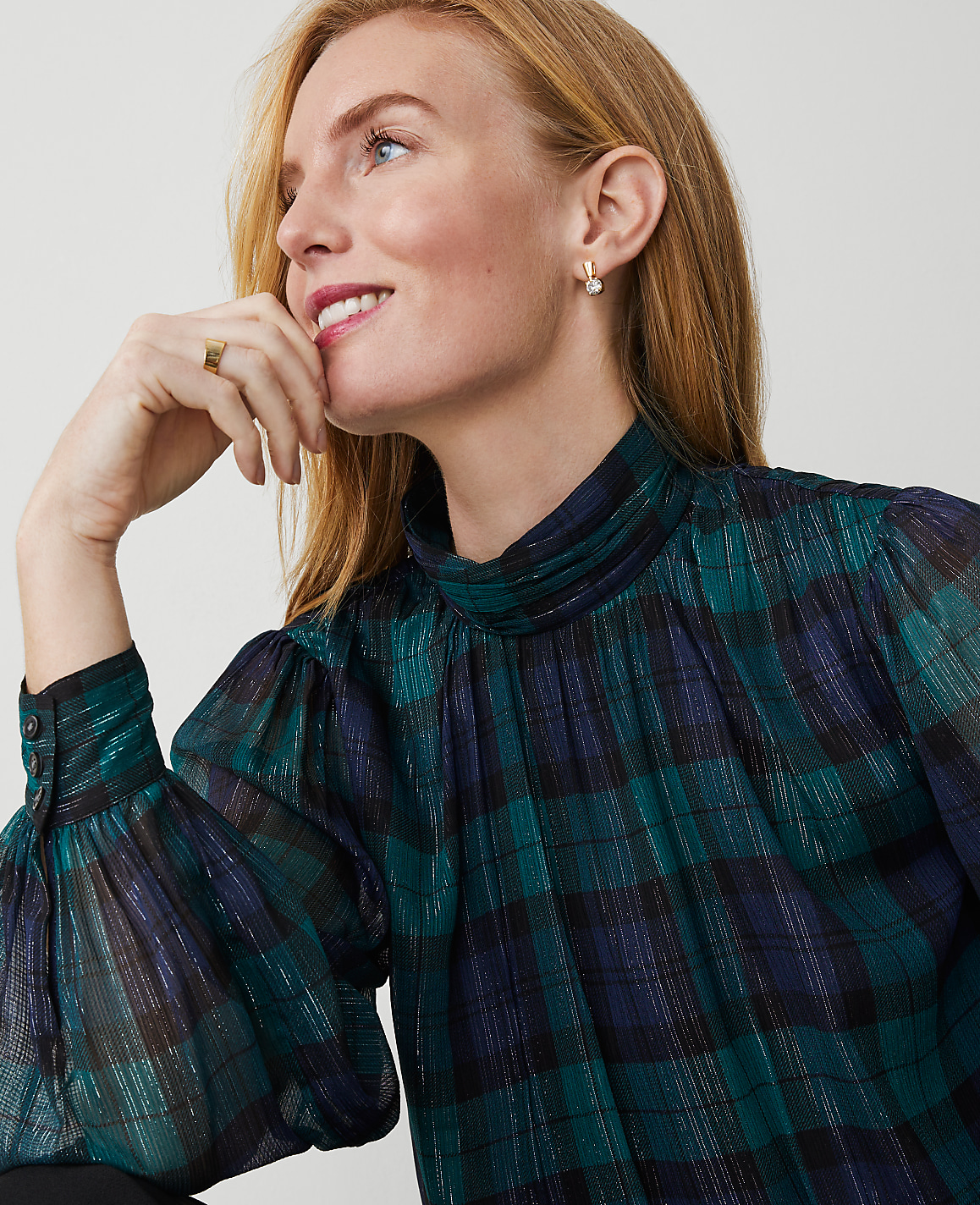 Petite Tartan Shirred Mock Neck Popover