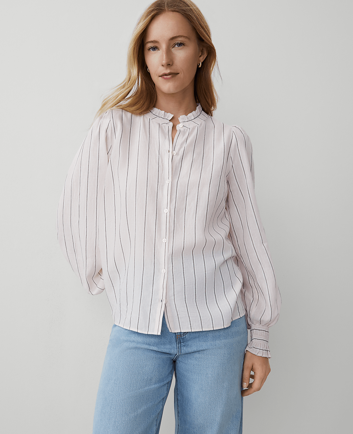 Striped Cutout Smocked Cuff Blouse