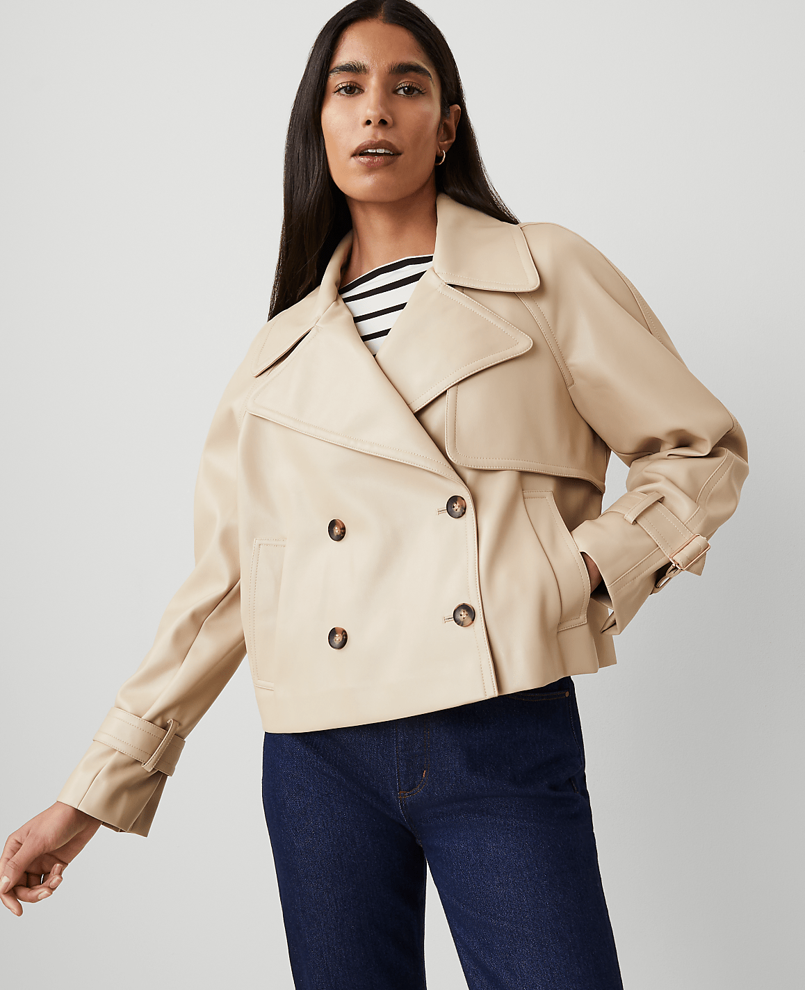 Faux Leather Cropped Trench Jacket