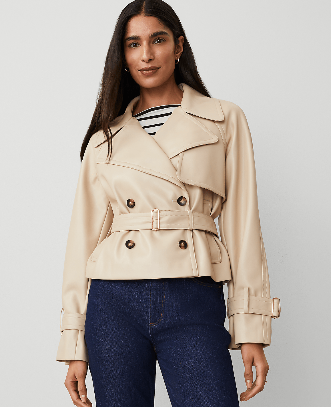 Faux Leather Cropped Trench Jacket