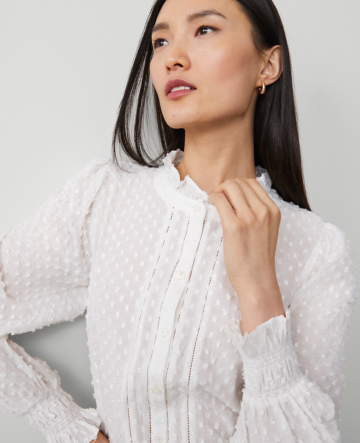Clip Cutout Smocked Cuff Blouse