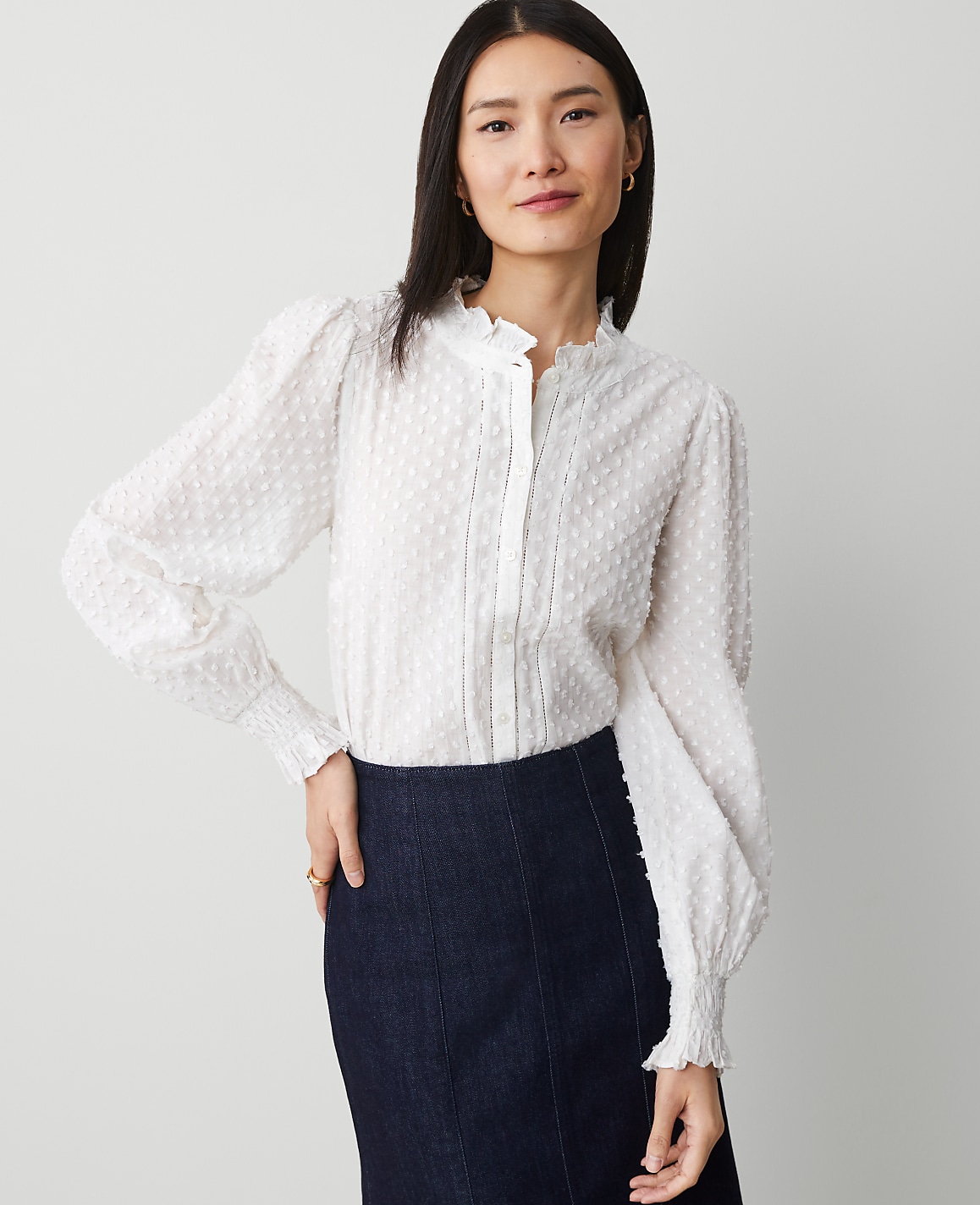 Clip Cutout Smocked Cuff Blouse