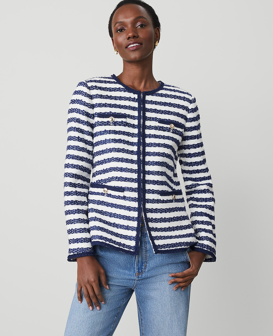 Petite Striped Boucle Tweed Fitted Jacket