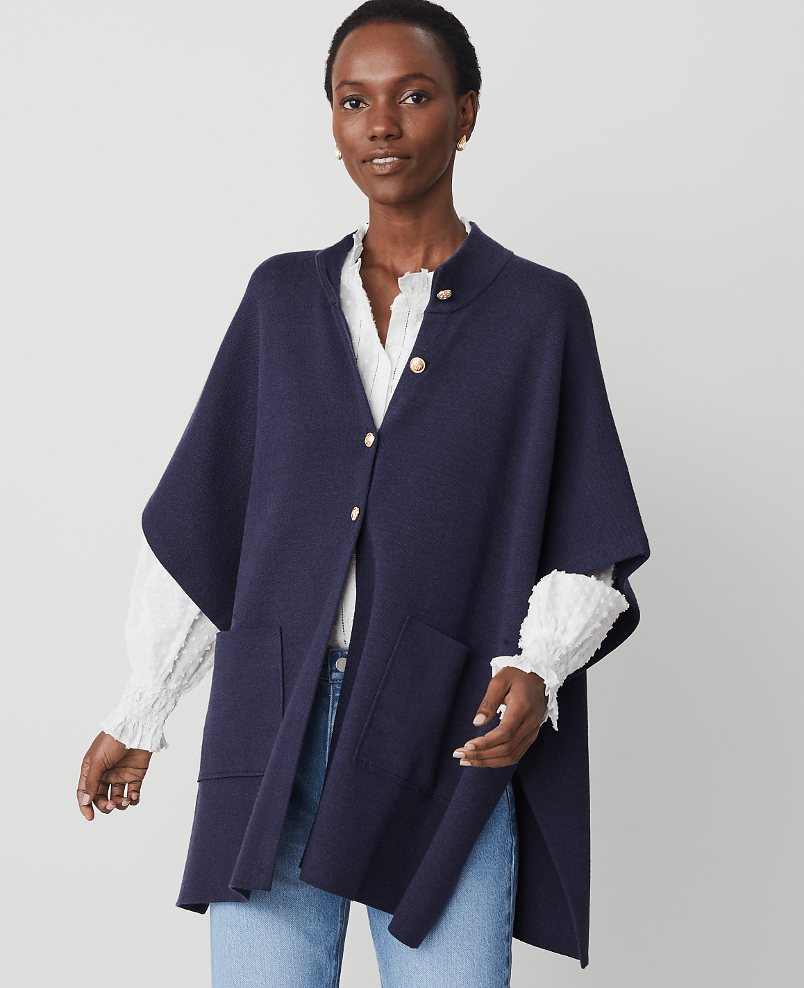 Button Mock Neck Poncho