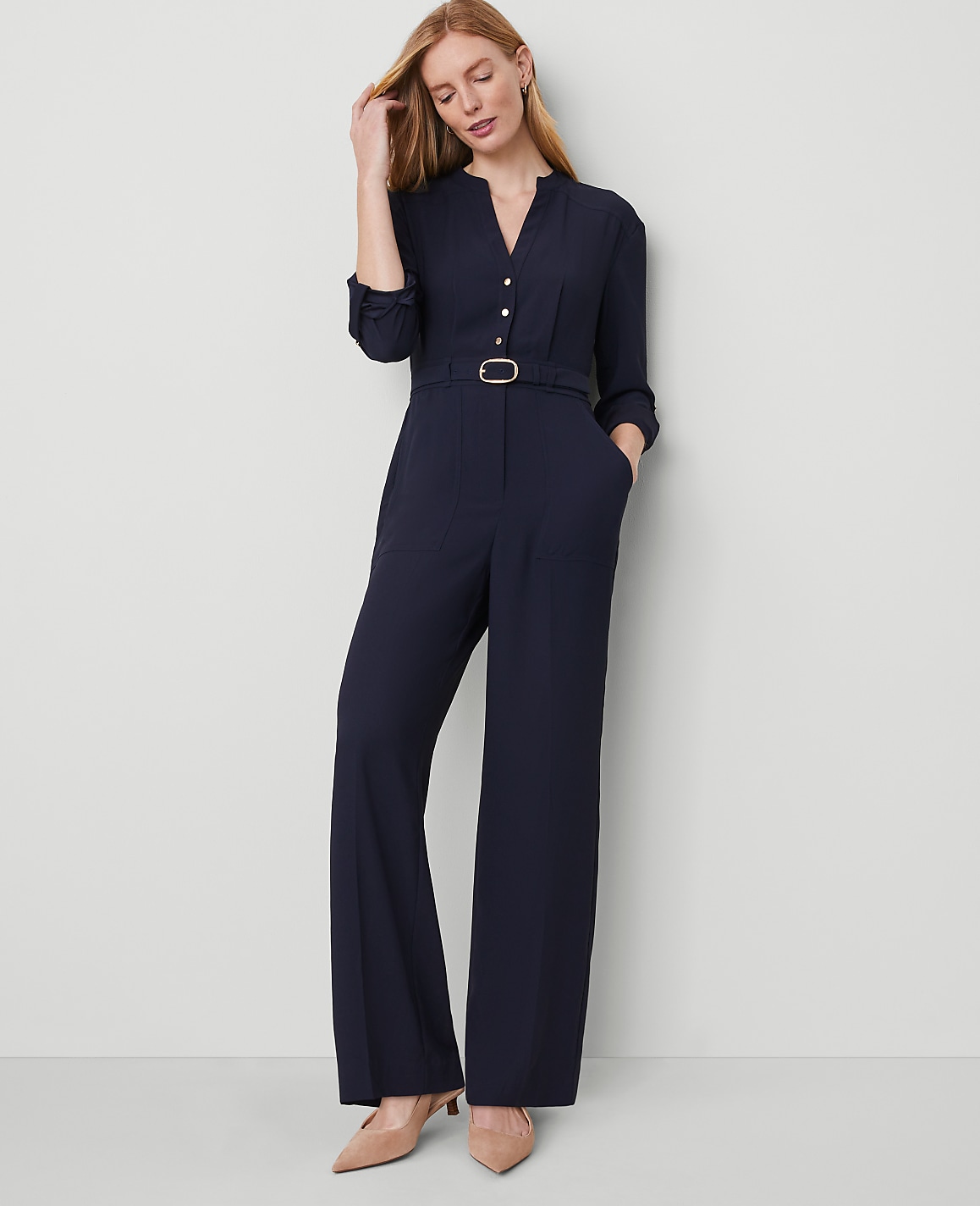 Petite Belted V-Neck Jumpsuit
