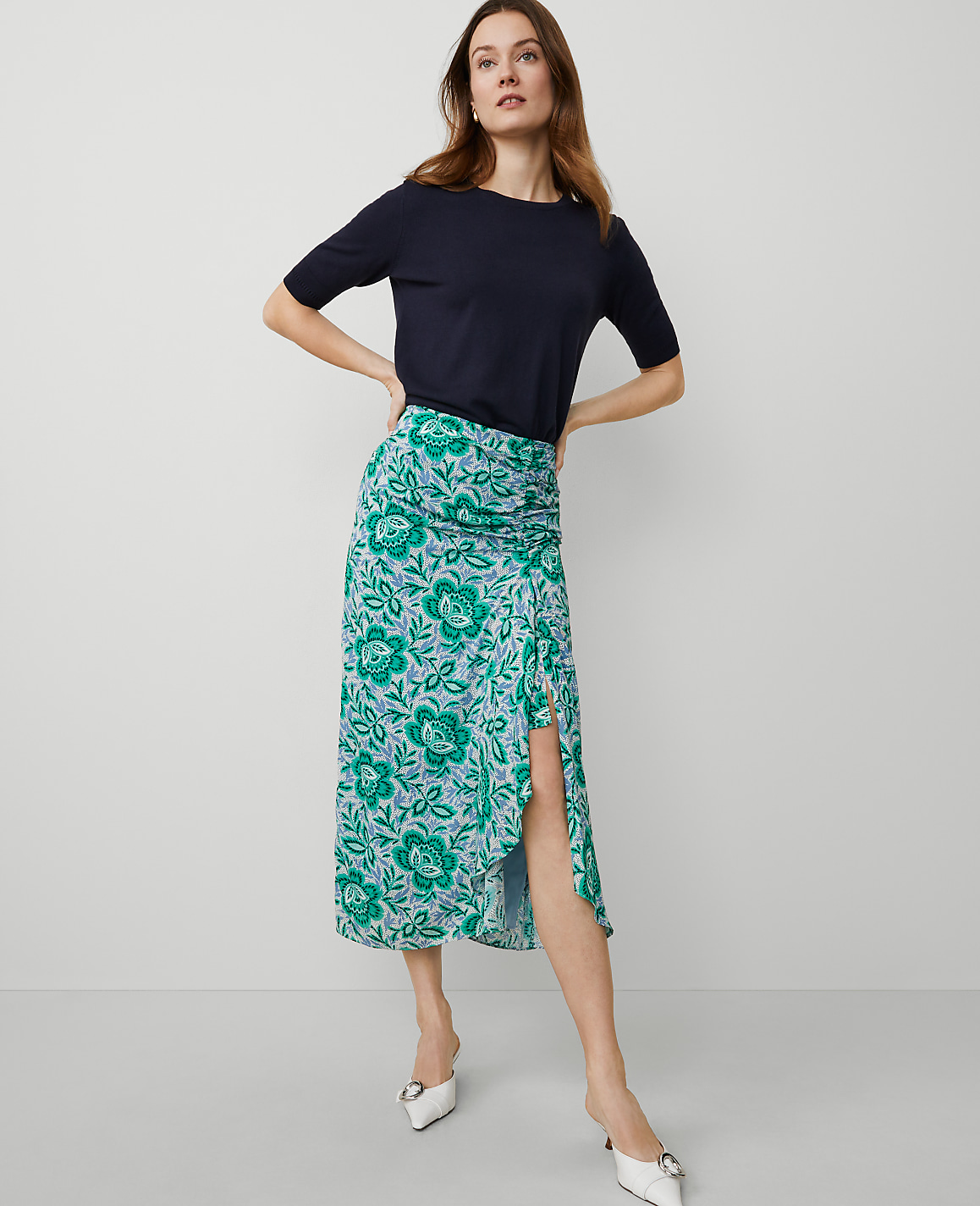 Petite Floral Ruched Midi Skirt