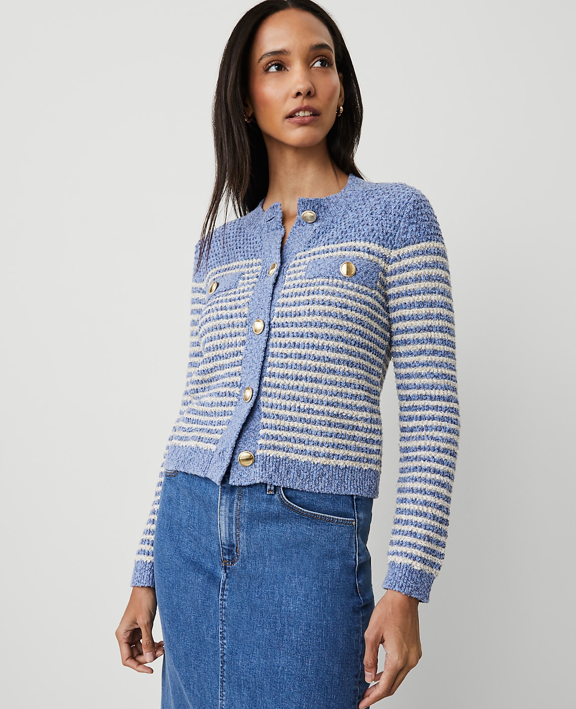 Petite Denim Striped Sweater Jacket