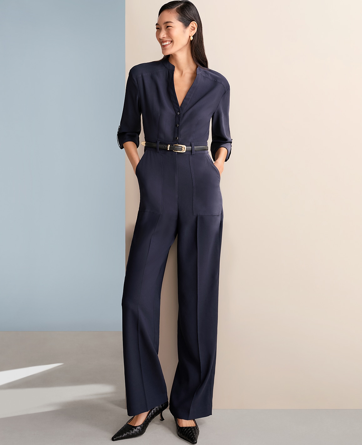 Petite Belted V-Neck Jumpsuit