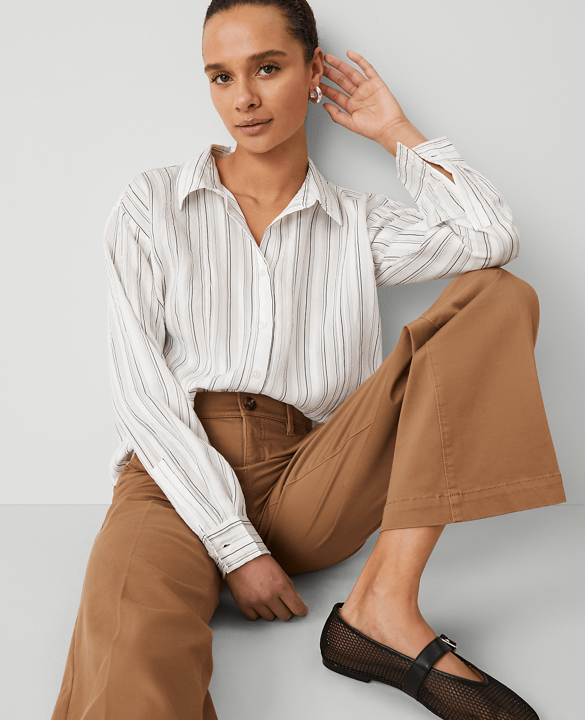 Petite Weekend Collection Striped Drop Shoulder Shirt