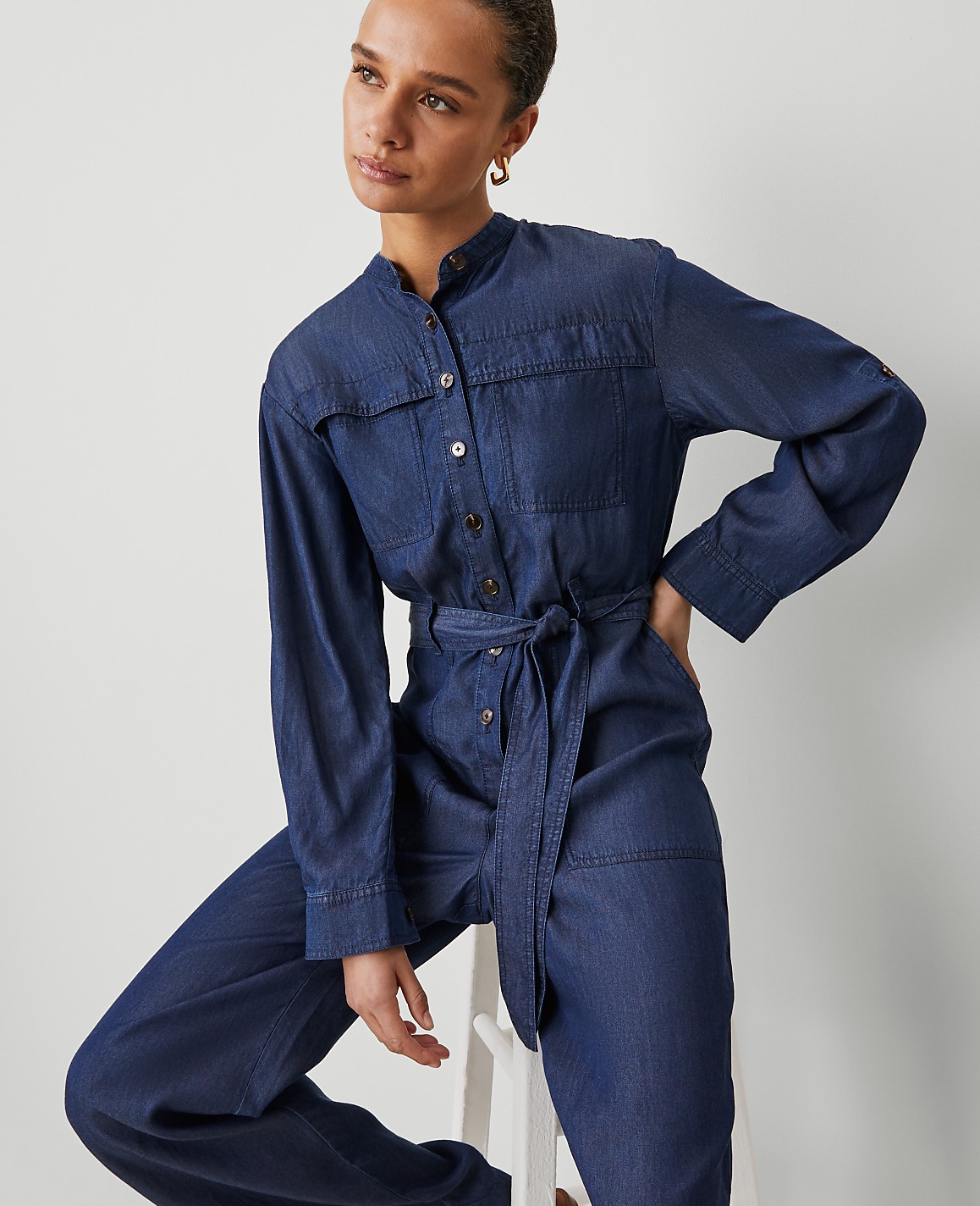 Weekend Collection Chambray Stand Collar Jumpsuit