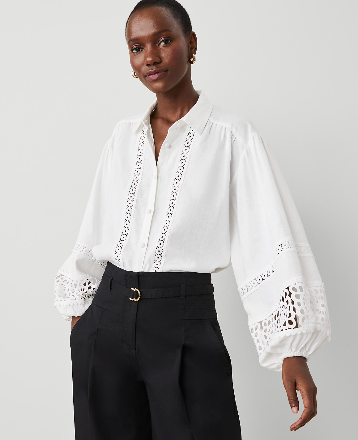 Embroidered Linen Blend Puff Sleeve Blouse