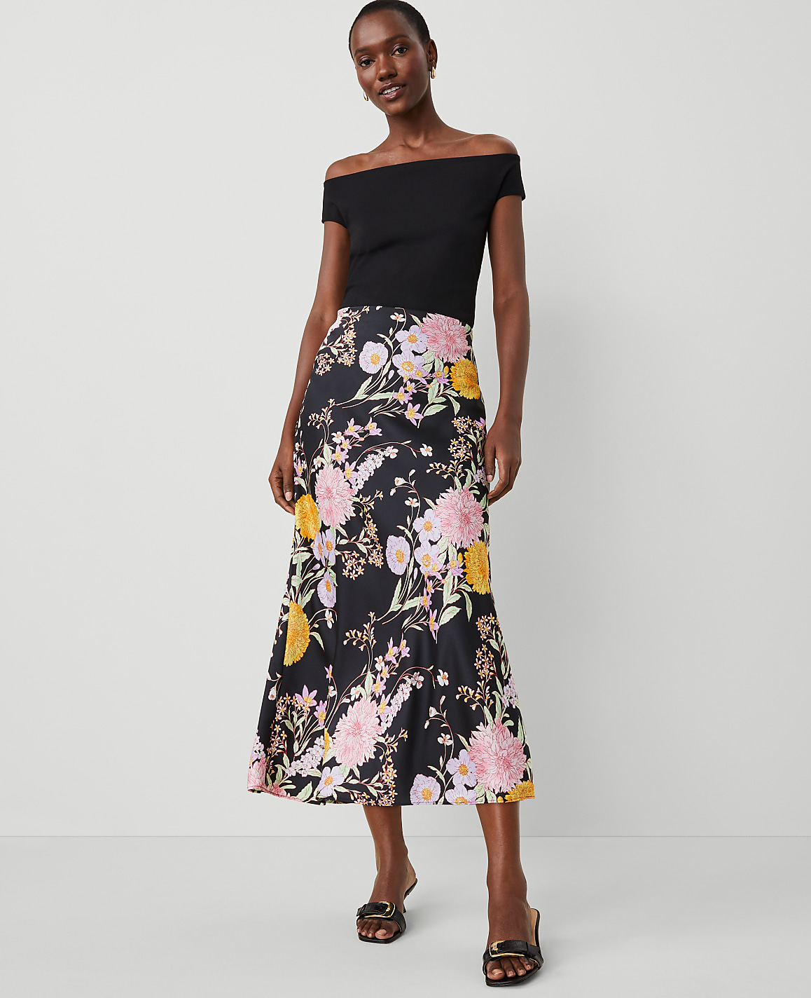 Floral Satin Bias Midi Slip Skirt