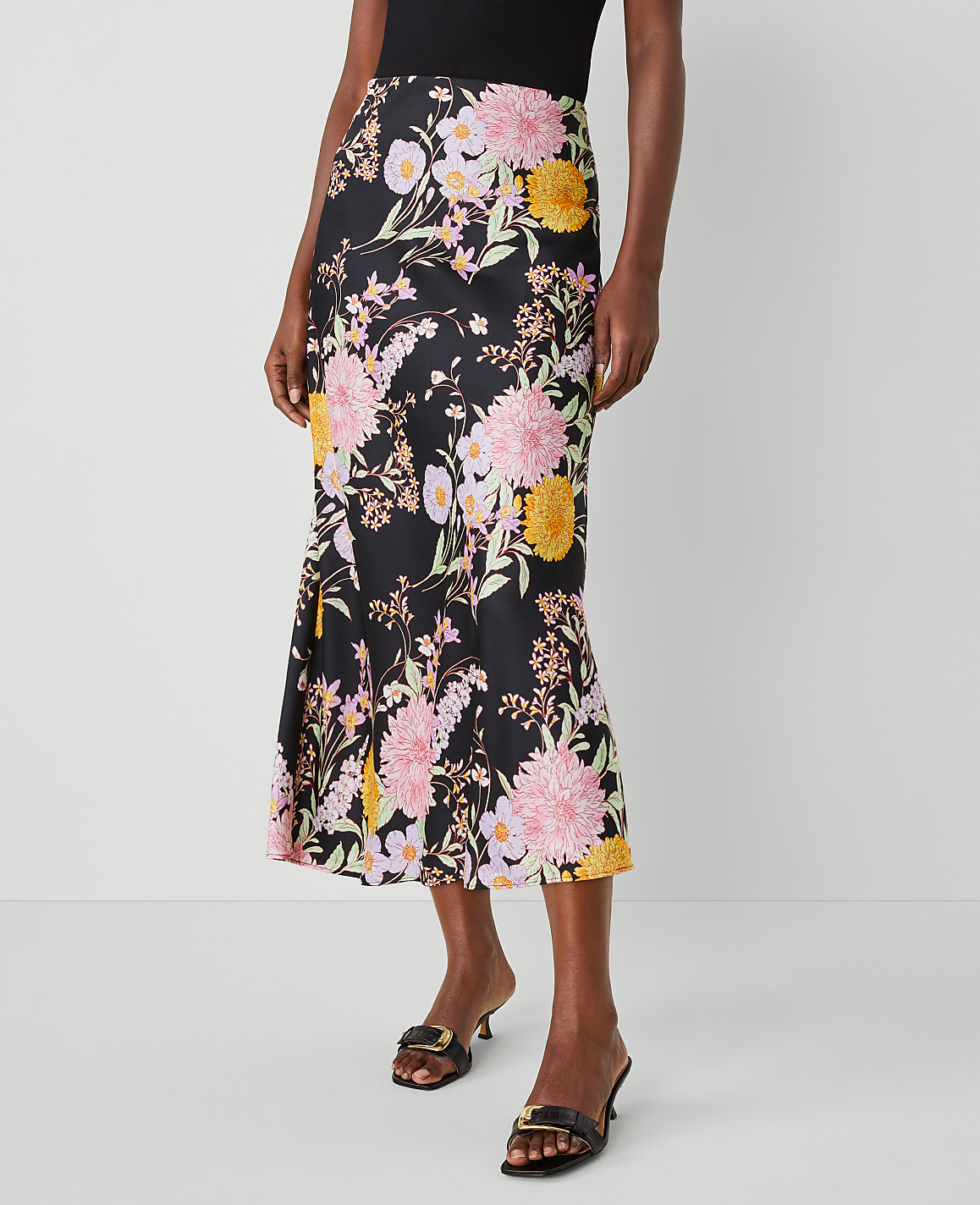 Floral Satin Bias Midi Slip Skirt