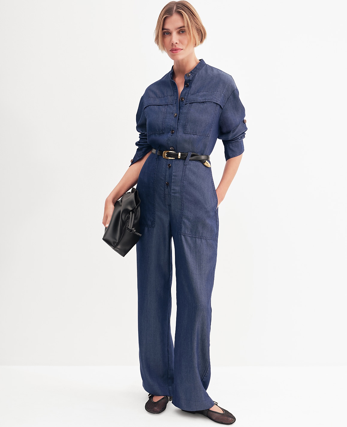 Weekend Collection Chambray Stand Collar Jumpsuit
