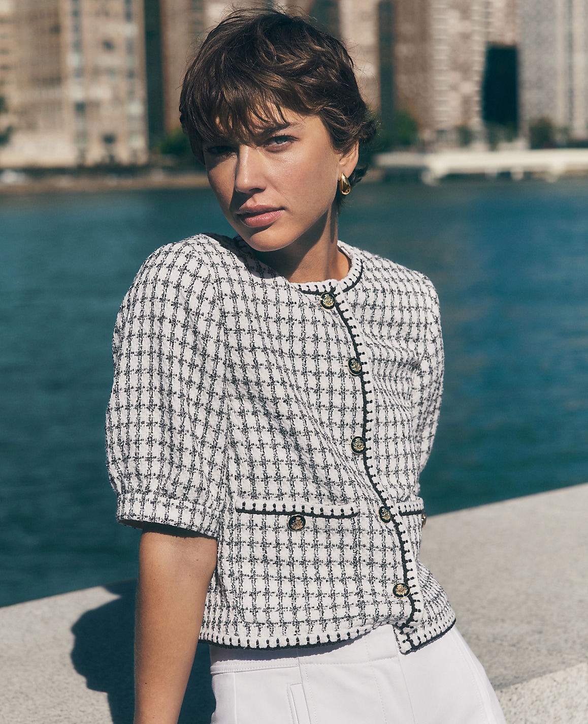 Petite Gingham Tweed Puff Sleeve Jacket