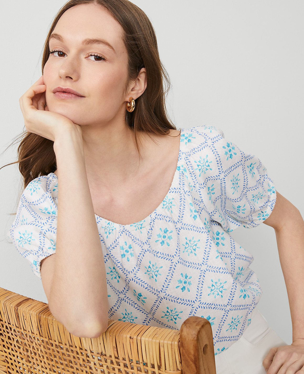 Tiled Linen Blend Bubble Hem Blouse