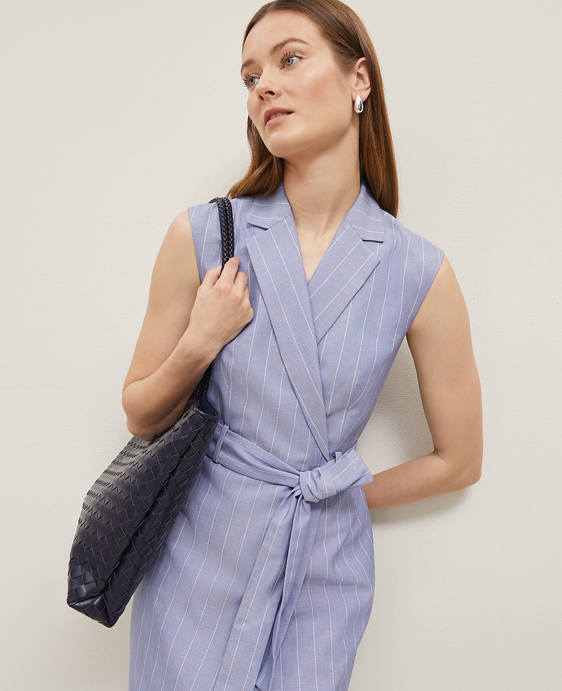 The Petite Belted Blazer Wrap Dress in Pinstripe