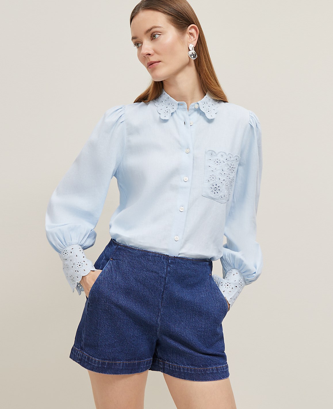 Embroidered Linen Blend Pocket Shirt